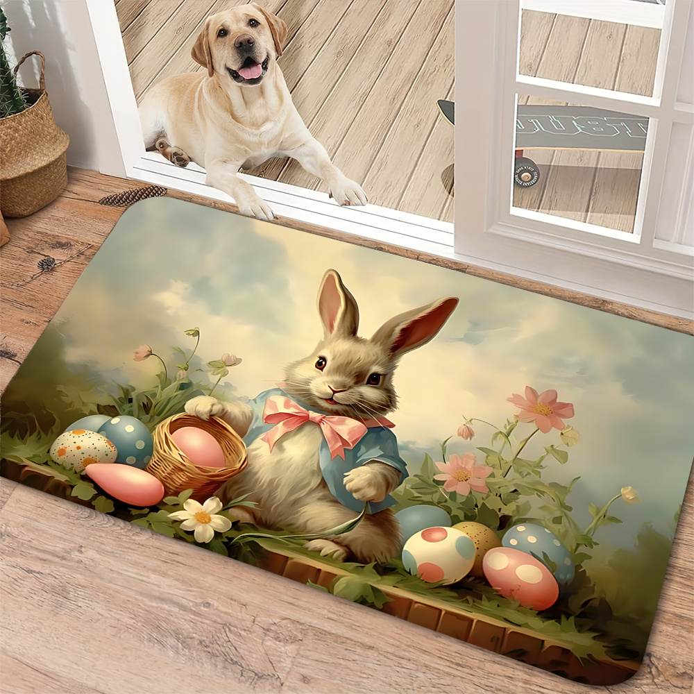 E-shop -Ei Fußmatte | Niedliche Fliege Hase Cartoon, Frühlings-Blumen-Thema, Polyester, Maschinenwaschbar, Rutschfest, Geeignet für Eingangsbereich,
