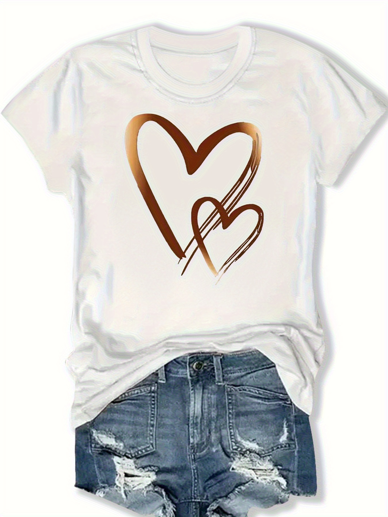 売れ筋商品|||エラン カットソー トップス レディース Women's Cotton Graphic Heart Short-Sleeve T-Shirt White Heart heart shirt sold on Temu United States