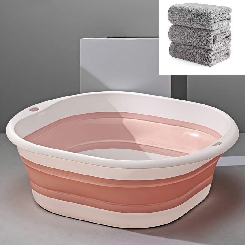 TEMU 4 Pack (1pc Foldable Foot Bath Tub And 3pcs Cleaning Cloths), Portable Collapsible Basin, For Home, Camping, Car, Space-saving, Ideal