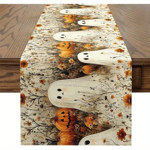 Artikelbild ., 2d-flachdruck, tischläufer mit halloween-thema, niedlicher tischdekor-bezug mit kürbis- blumenmuster, langer tischläufer für festliche atmosphäre, für alle jahreszeiten , frühling, sommer, herbst, winter, für die küche, maschinenwaschbar, party-dekoration, thematische szenerie