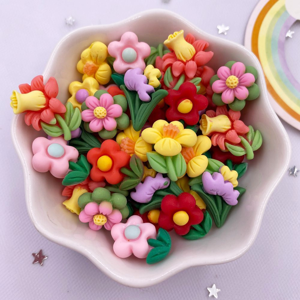 Image of Colorful Resin Random Mixed Pattern Painted Mini A Flower Flatback Cabochon Stone Figurines Christmas Valentine's Day Decor Jewelry Additions Crafts