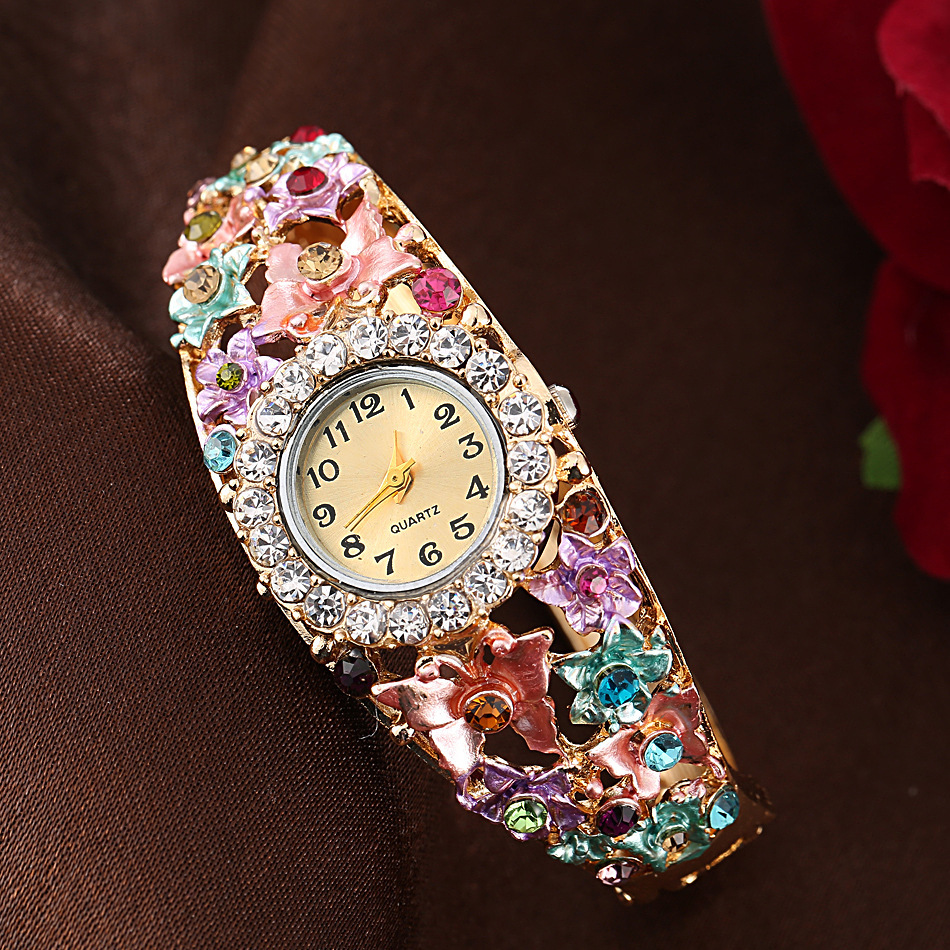 TEMU [5 Colors From] Vintage Court Style -encrusted Purple Flower Bracelet Watch, Gorgeous Oval Dial Women's Quartz Watch Bracelet Watch Birthday,