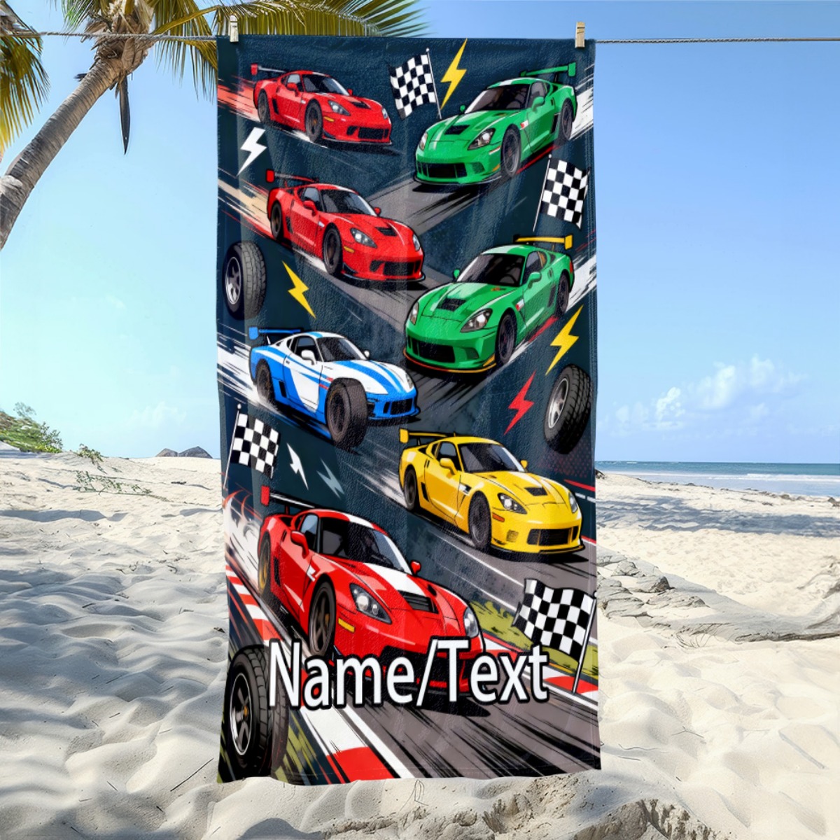TEMU 2d Flat Custom Name Racing Cars Extra Large Beach Towel - Ultra Soft & Quick Dry Microfiber, Super Absorbent Sand-free Towel For Swimming, Pool,
