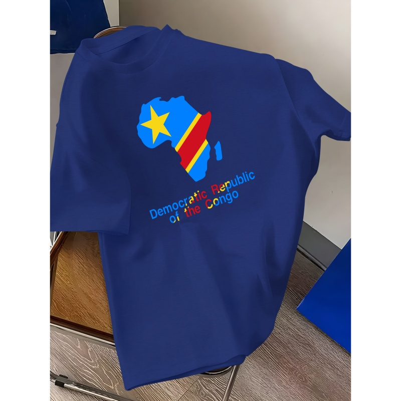 

Men's Democratic The Congo Flag Print T-shirt - Casual Crew Neck, Short Sleeve, Lightweight Polyester Top - Machine Washable, Ideal For Summer