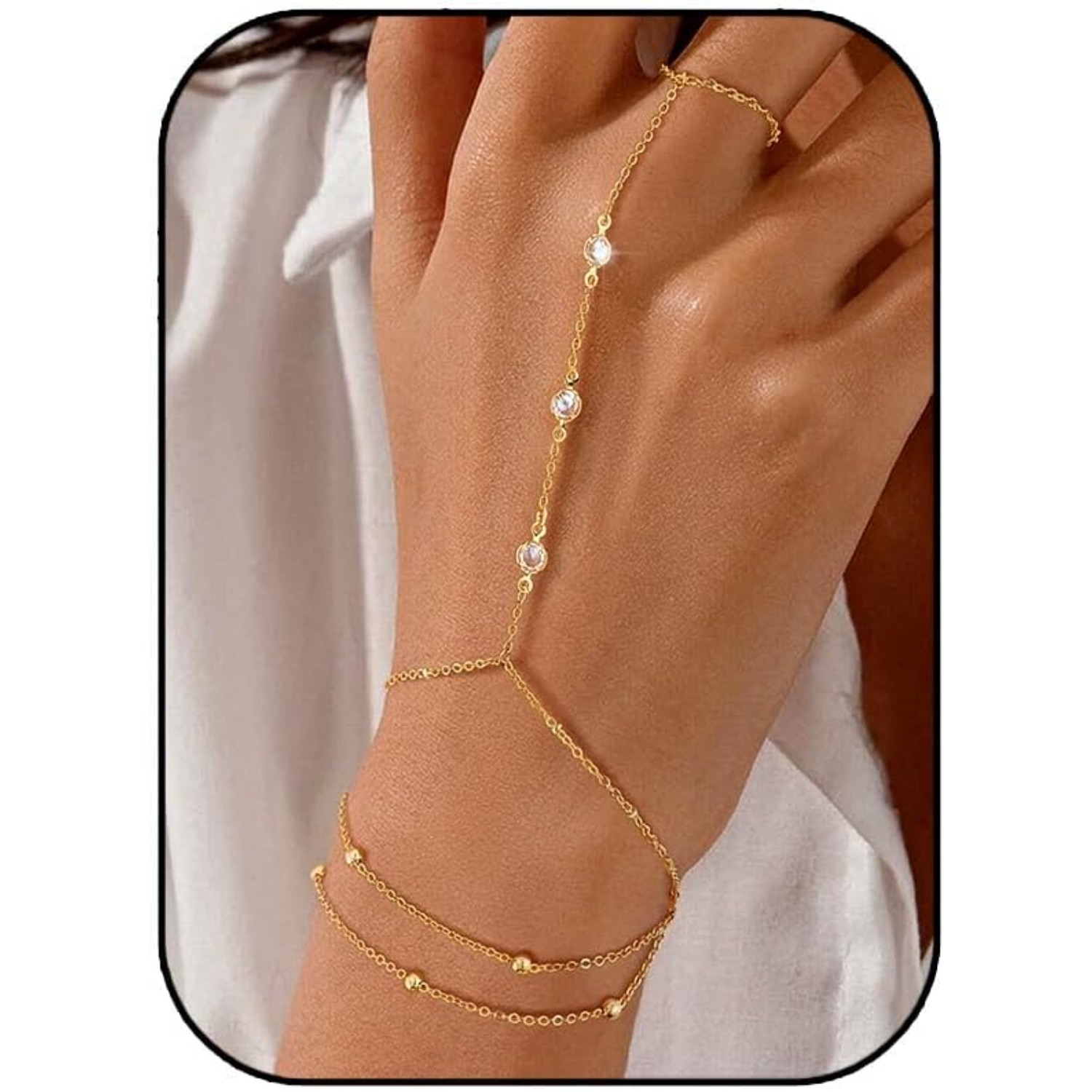Golden Bracelets For Women, Golden Plated Hand Chain Bracelet, Ring Bracelets For Women Trendy Dainty Cubic Zirconia Bracelet Ring Bracelet Hand Jewelry Adjustable
