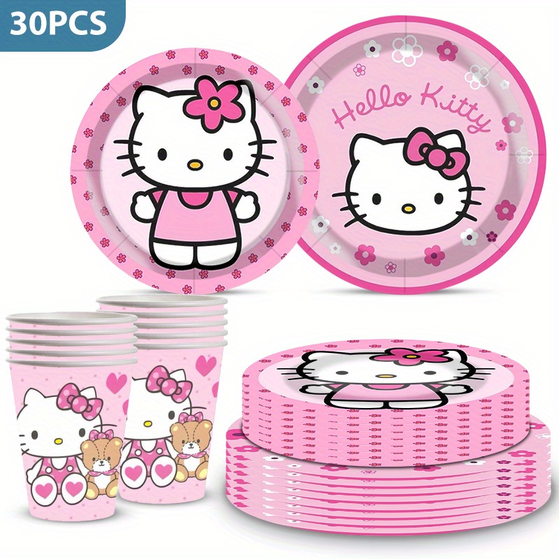 Image of 30pcs Kt Cat Theme Disposable Tableware Set Birthday Party Tableware Plates Cups Decorative Supplies Festival Celebrations Outdoor Party Barbecue Layout Decorative Supplies