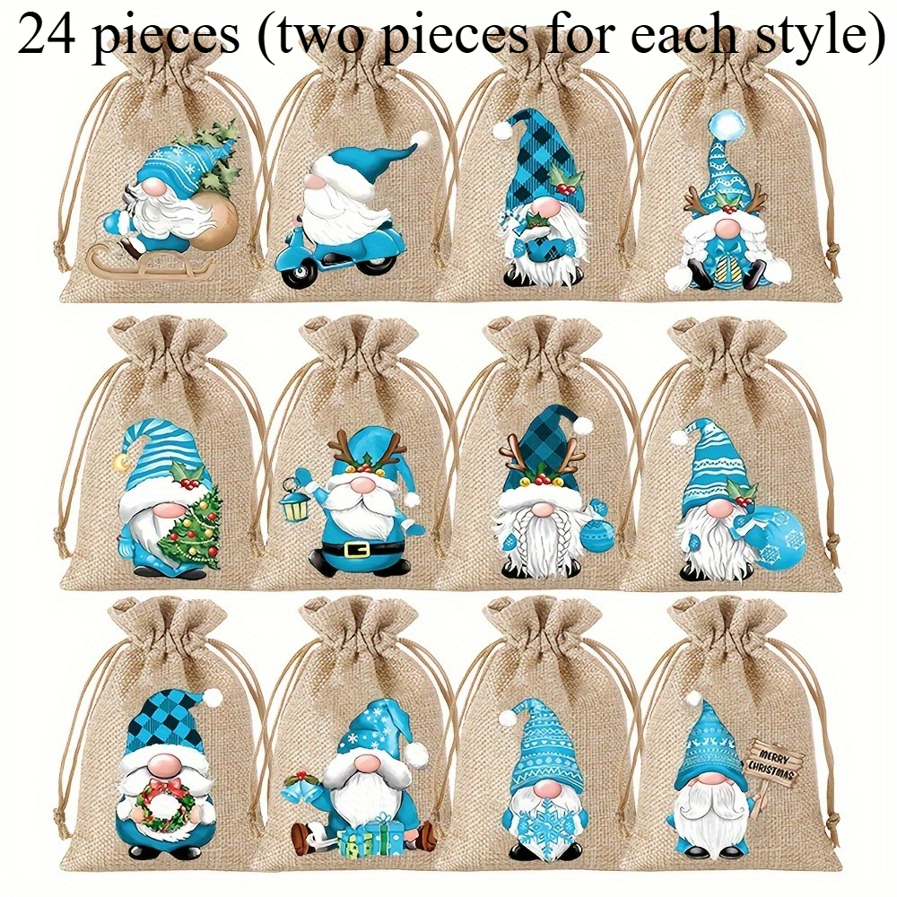 Image of Gift Set (24pcs): Christmas Coir Burlap Gift Bag, Patterned Christmas Elf Packaging Bag, Reusable Christmas Bag, Suitable For Holiday Gatherings As A Small Christmas Gift Bag, Halloween Items
