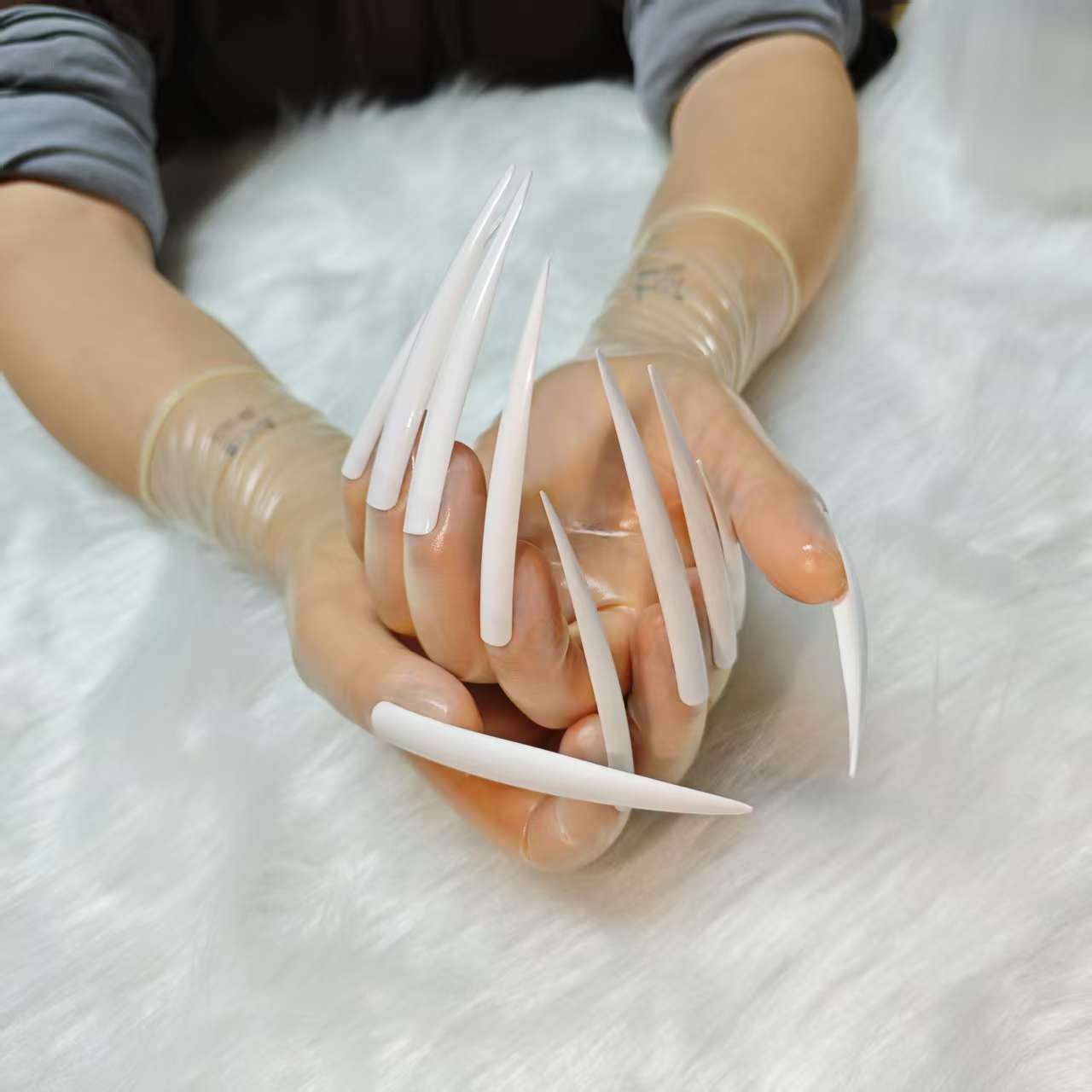 Image of Natural Latex Integrated Molding Halloween Vampire Gloves Cosplay Transparent Elastic Zentai Mid-length Gloves With White Long Nails Service