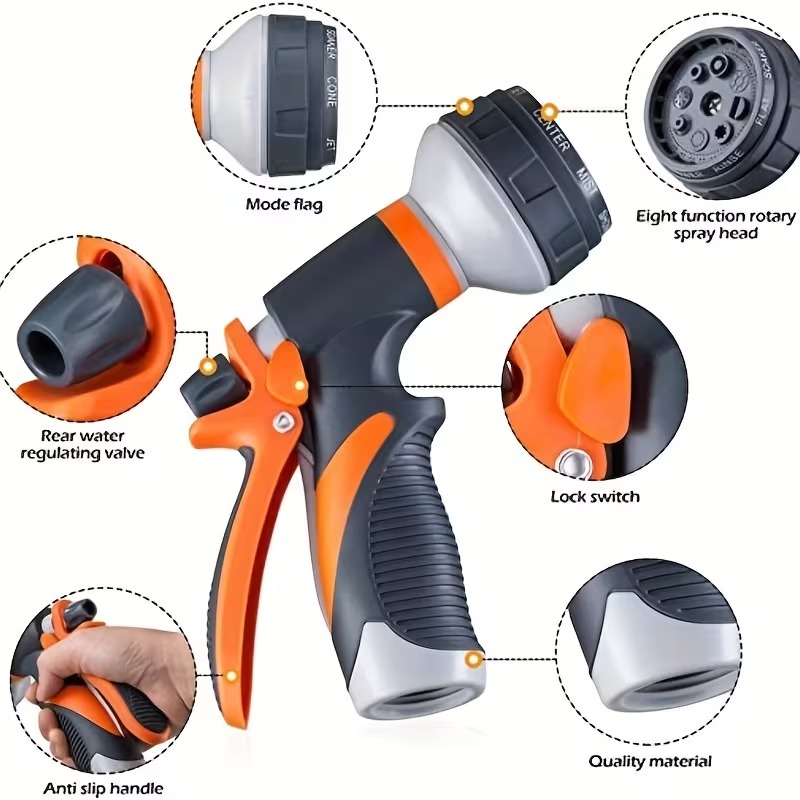 Pistola de agua de jardín de alta presión de 1 pieza con boquilla ajustable, multiusos para riego de jardinería, lavado de coches y limpieza de patio. Diseño duradero y ligero, agarre ergonómico antideslizante naranja y , conexión roscada universal para fácil instalación. Adecuada para diversos