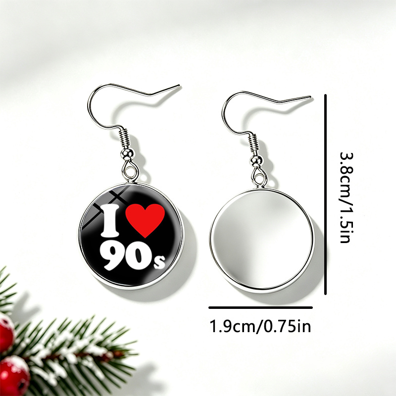 I Love 90s Text Heart Round Glass Cabochon Dangle Earrings