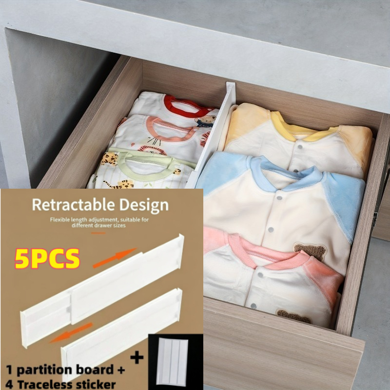 TEMU 5pcs (1 Divider And 4pcs No-mark Stickers) Adjustable Drawer Divider Set With Plastic Dividers, Suitable For Kitchen