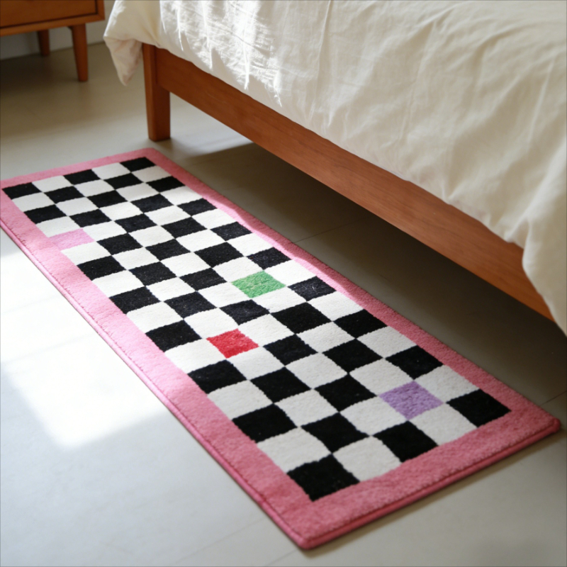 TEMU 900g Cashmere Pink Checkered Bedside Rug, Modern Minimalist Decorative Carpet For Bedroom And Living Room, Long Strip Carpet For Hallway And