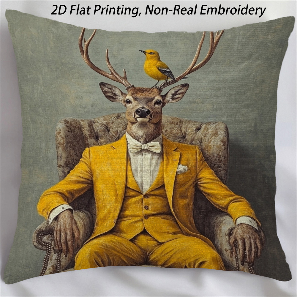TEMU 1pc Fashion Deer Pattern Pillowcase 45.72x 45.72cm- 2d Double-sided Print, Deer With Yellow Suit And , Zipper Closure, Machine Washable-