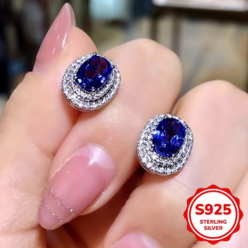 TEMU 1 Paire de Boucles d'Oreilles Clous Décorées en Brillante Bleu Marine Ovale Style Rétro Élégant 925 Argent Doré Bijoux Additions de Fête Banquet