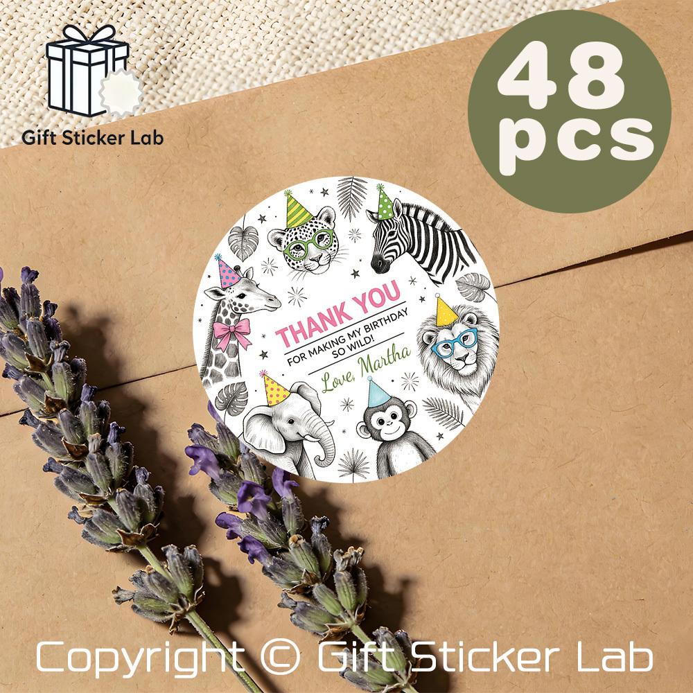 TEMU Custom 48pcs Birthday Thank You Round Stickers, Personalizable Name, Sketch Design, Great For Themed Party Favors, Gift Labels, Envelope Seals,