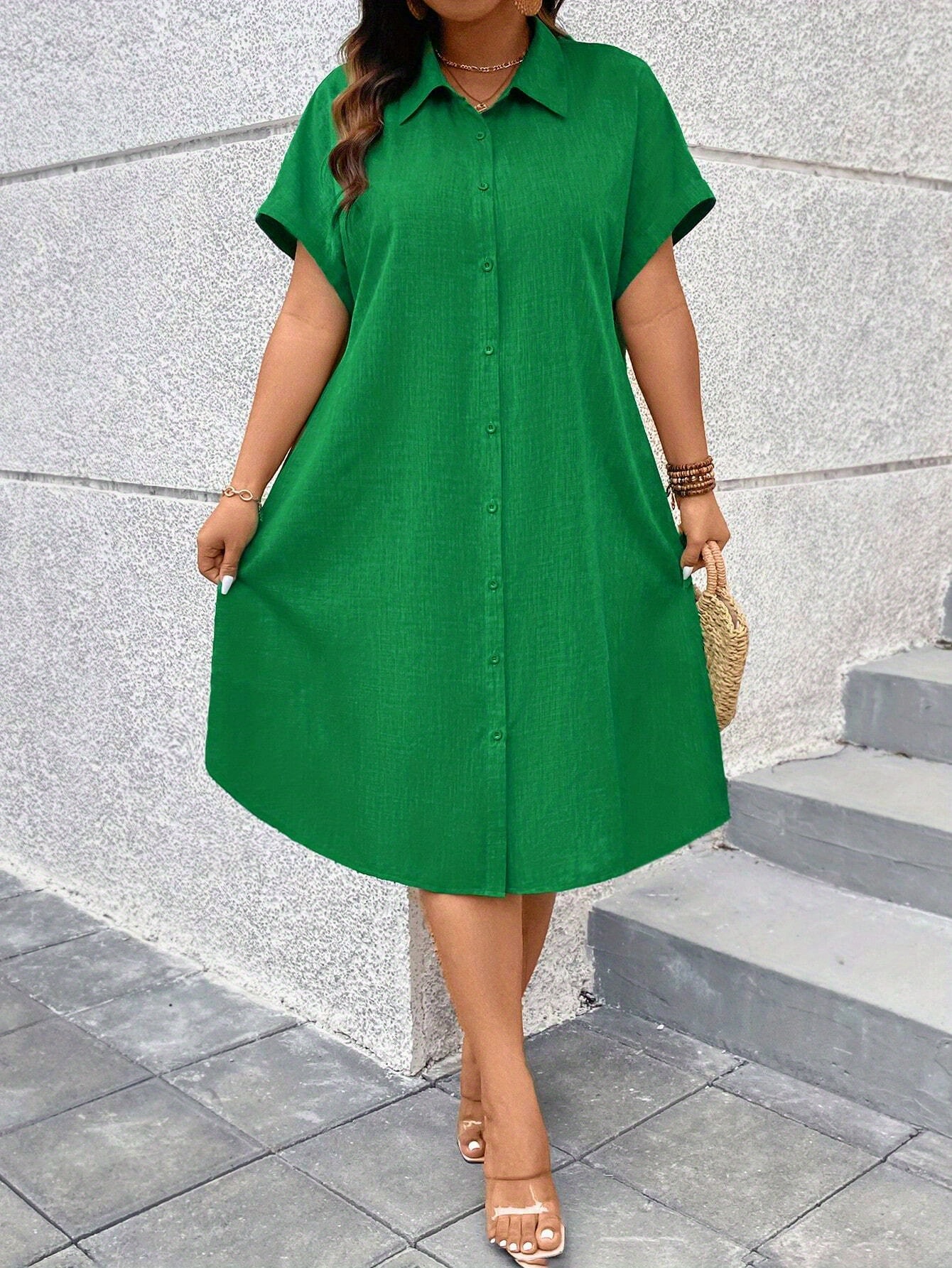 slim fit dress slacks Women's Plus Size Olive Green Floral Printed Shirt Dress main image 1