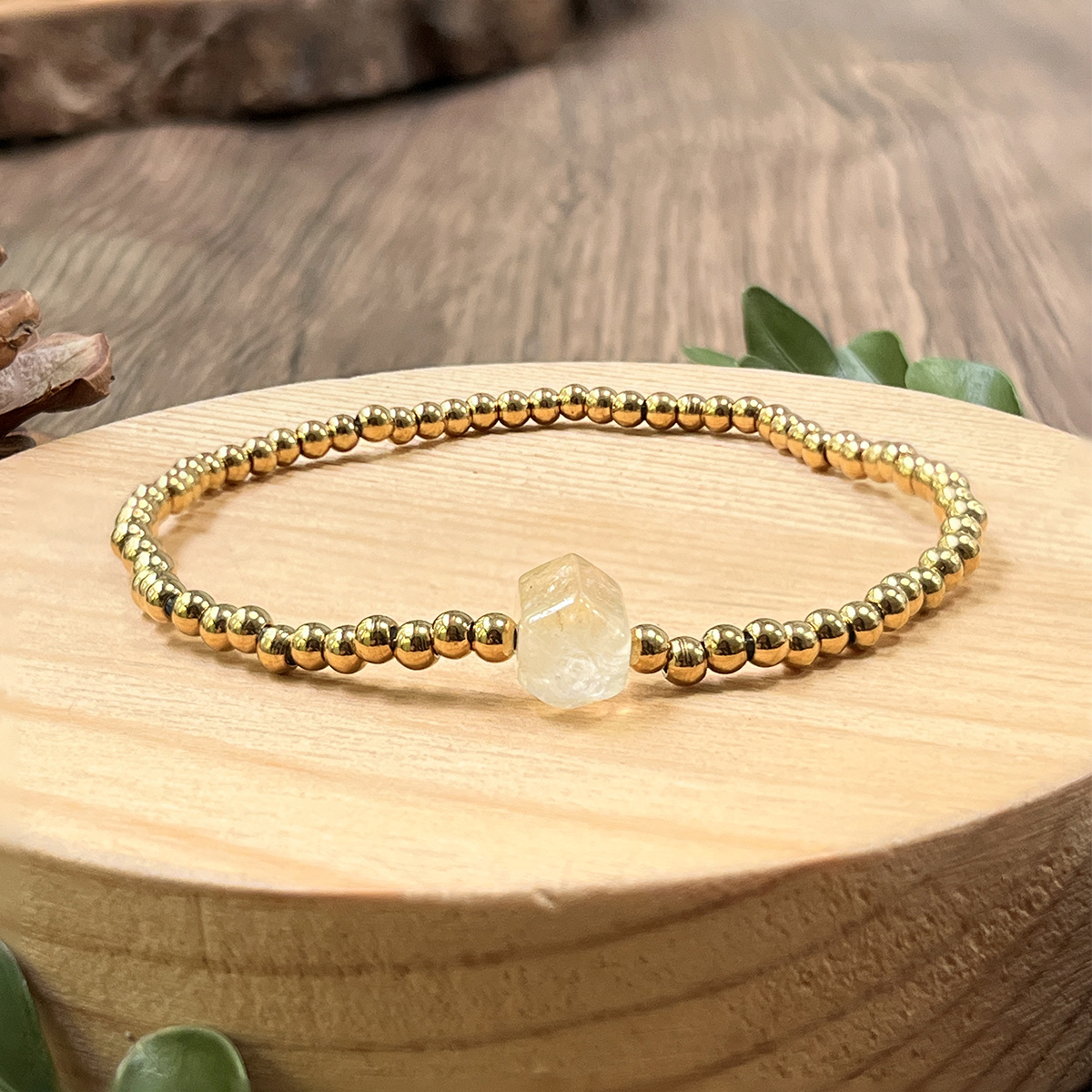 TEMU 1pc And Bracelet, 4mm Golden Stainless Steel Beads & Citrine Hand-stretched Beads, Fashionable Jewelry, & Wealth, Suitable For Everyday Wear,