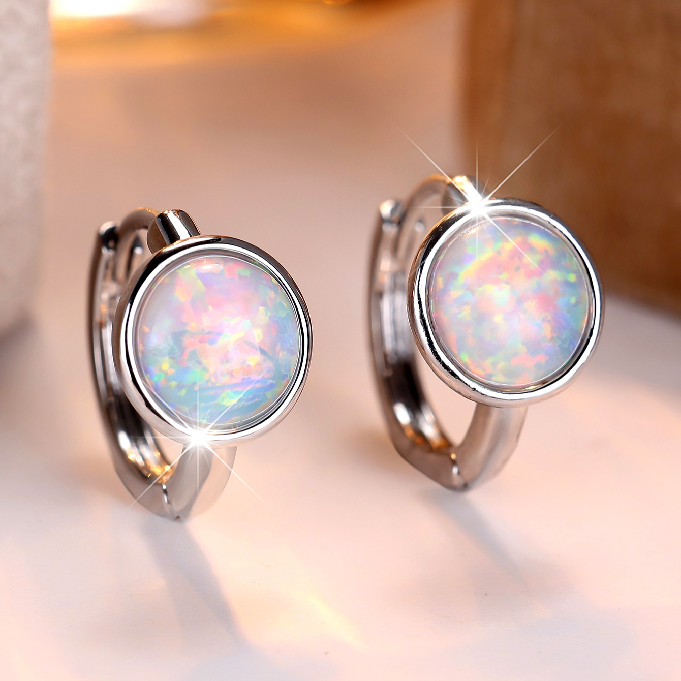 Image of 1 Pair Of Simple And Fashionable Inlaid Synthetic Opal Round Design Earrings, Simple And Suitable For Daily Wear