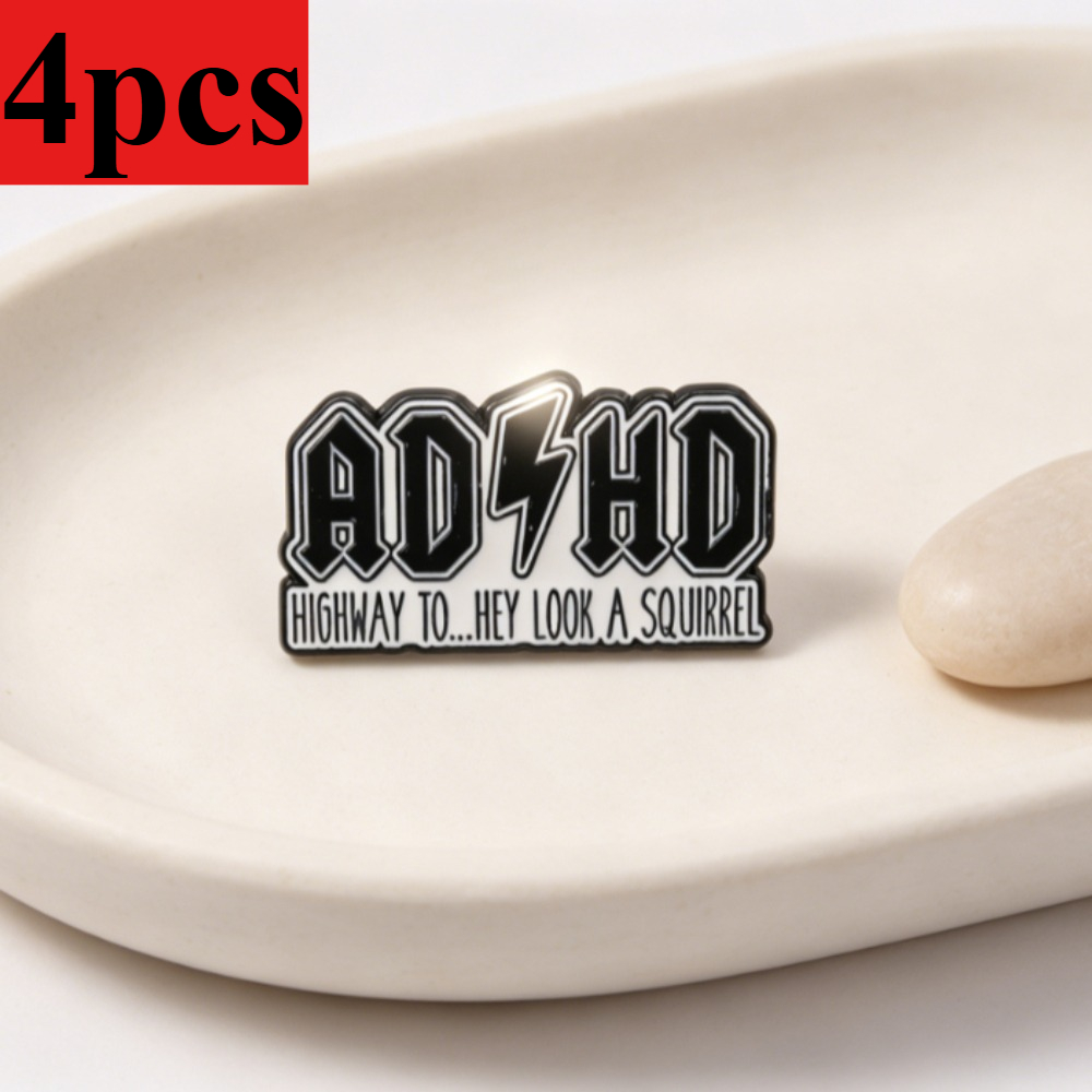 TEMU 4pcs Funny Adhd Squirrel Meme Enamel Badge Retro Rock Lightning Letter Accessory Cute Mental Health Jewelry For Jean Bag Decor