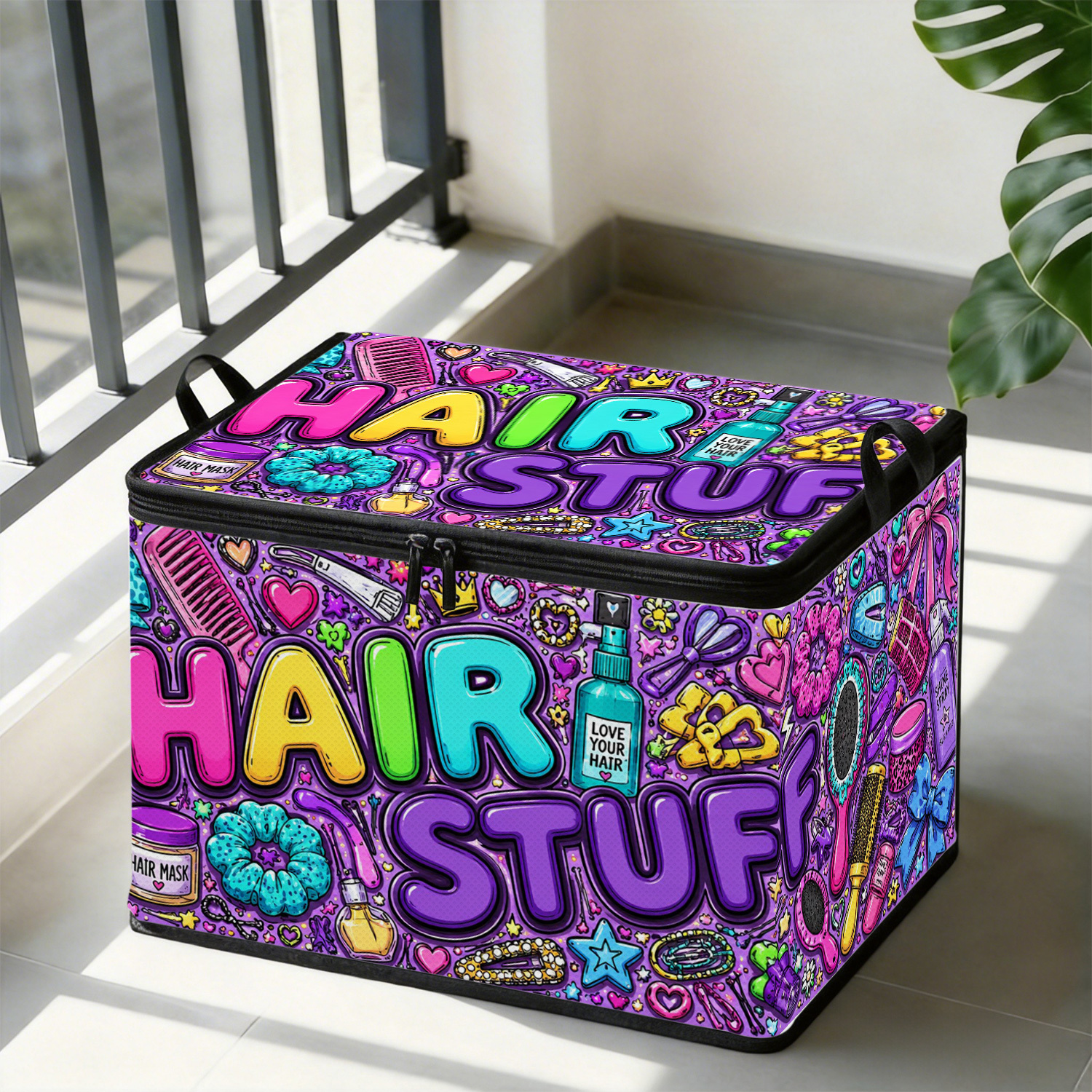 TEMU 1pc Large Foldable Zippered Storage Box, 2d Colorful Graffiti Hair Styling Tool Pattern Gift, High-end Style With Trendy Colorful Element Print,