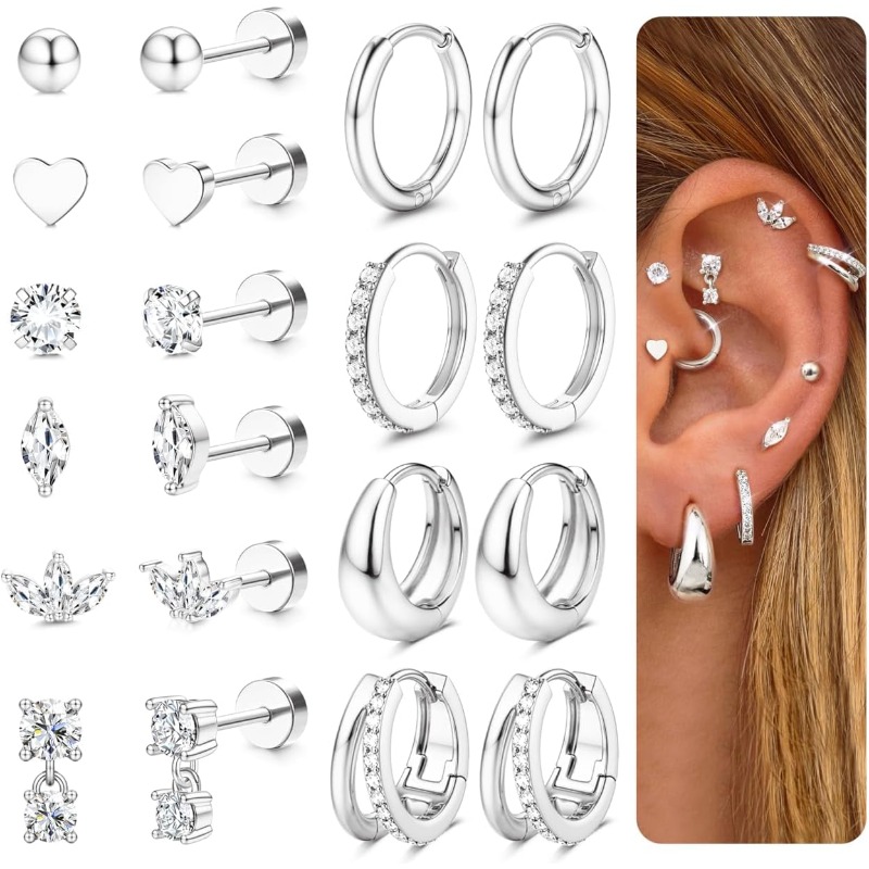 Image of 2d Flat - Women's Golden Flat Back Earrings - Hypoallergenic Surgical Steel Studs, Silvery Cartilage Hoops, Cz Ball For Daith, Conch, Tragus, And Helix Piercings