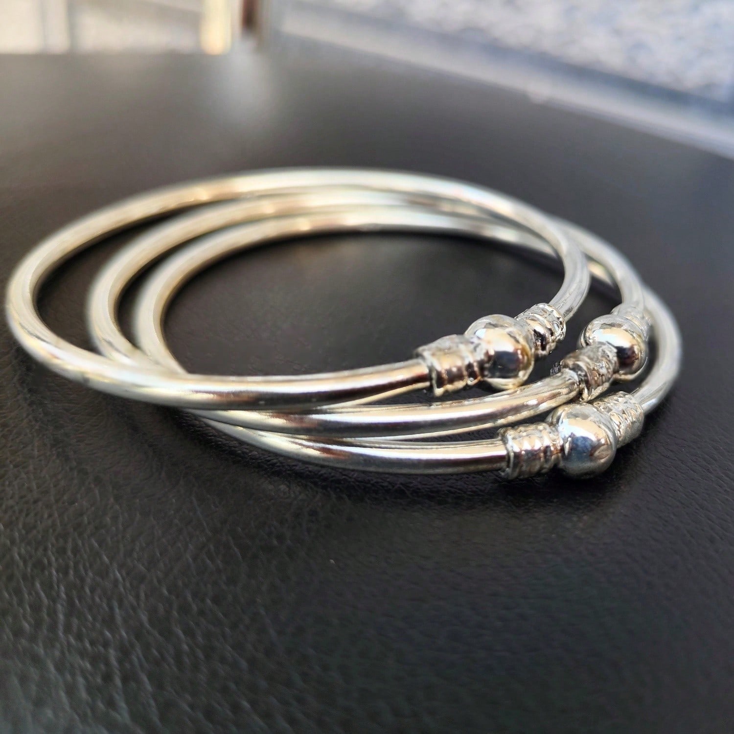TEMU 3pcs Retro Boho Thick Bangles, 10mm Ball Silvery Bangles Bracelet, Boho Stacking Bangles, Handmade Silvery Bangles For Women Daily Party Jewelry