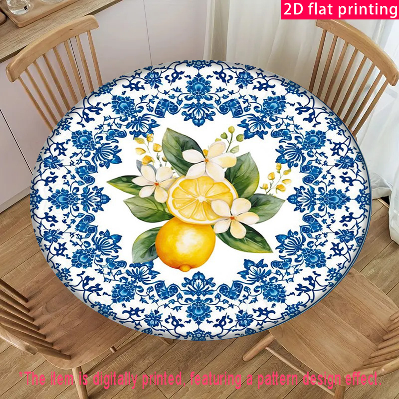 TEMU 2d Exquisite Blue And White Porcelain Floral Motif Elastic Round Tablecloth, Perfect For Indoor And Outdoor Picnics, Camping Trips, As Well As