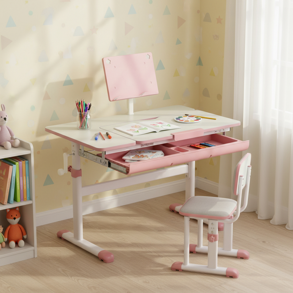 Image of Children Writing Desk With Surface, Height-adjustable Kids Ergonomic Desk With Book Holder, Versatile Study Table For Study Room, Classroom And Preschool, Pink