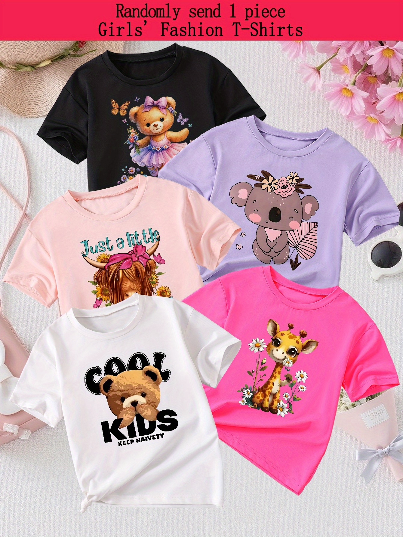 Girls' 5 Stylish Summer Tops - Cute Animal & Princess Print Blouses with Ruffled Collars, Hearts & Bows | Soft Round Neck Short Sleeve Knit Shirts | Loose Fit Casual Playwear (Pink, Purple, Black, White, Lavender) | Random Style Surprise | Birthday Party Outfits | Hand Wash or Dry Clean | Cute Animal & Princess Patterns | Comfortable Knit Fabric | Ideal for Casual Attire & Special Occasions