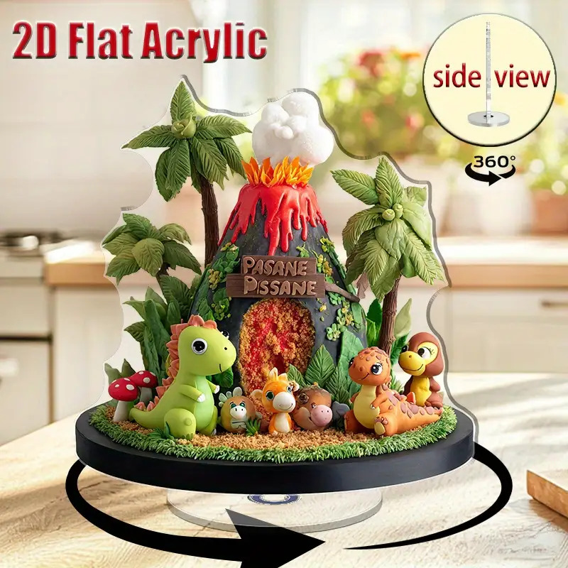 TEMU 2d Plane, 1pc 360° Rotating Acrylic Dinosaur Volcano Ornament With Effect - Colorful Dinosaur Scene Display Stand, Birthday Party Decoration,