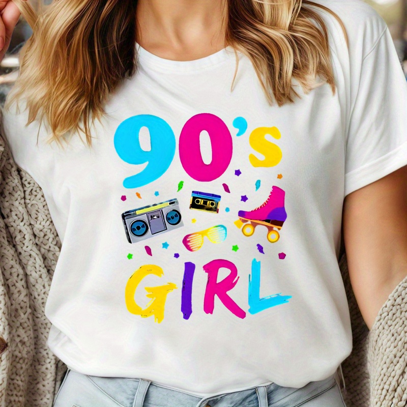 

Women's T-shirt Printed With "90's Girl", Tape Recorder, Cassette Tape, Roller Skates, Colourful Pattern Round Neck Trend Short Sleeve Birthday Valentine's Day Gift.