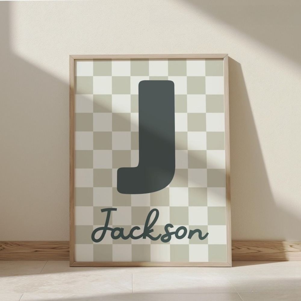 TEMU 2d Flat, 2d Flat, Personalized Name & Initials Canvas Poster | 2d Flat Unframed, Retro Checkered Design, Art , Ideal For Valentine's Day, Room