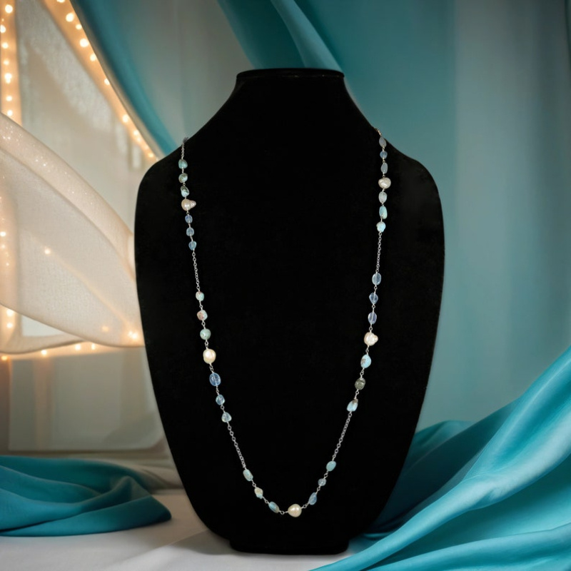 TEMU Long Necklace Made Of Mixed Irregular Baroque White Freshwater Pearls And Blue Natural Stones, Hand