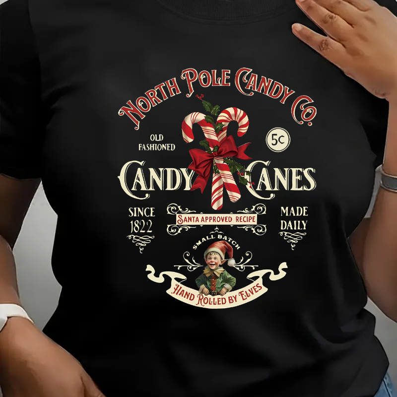 

1pc Candy Cane Christmas Graphic T-shirt, Women's Polyester Crew Neck Casual Top, Short Sleeve Festive Tee For All