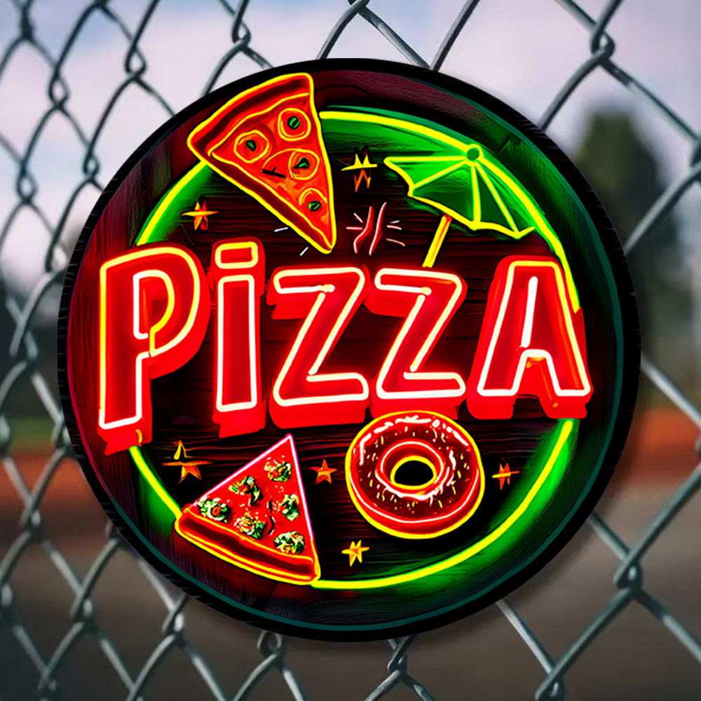 TEMU 2d Flat, 2d Flat Printing 1pc Metal Iron Sign Vibrant Neon "pizza" Sign - 7.8-inch Round Wall Decor With Pizza And , Durable And Easy To Hang,