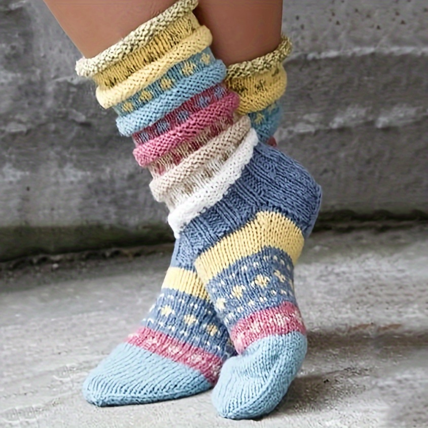 

1 Pair Cozy Retro Striped Knit Mid-calf Socks For Women - Warm, Soft Polyester With Autumn & Winter Patterns, Cold Floors, Cute Socks