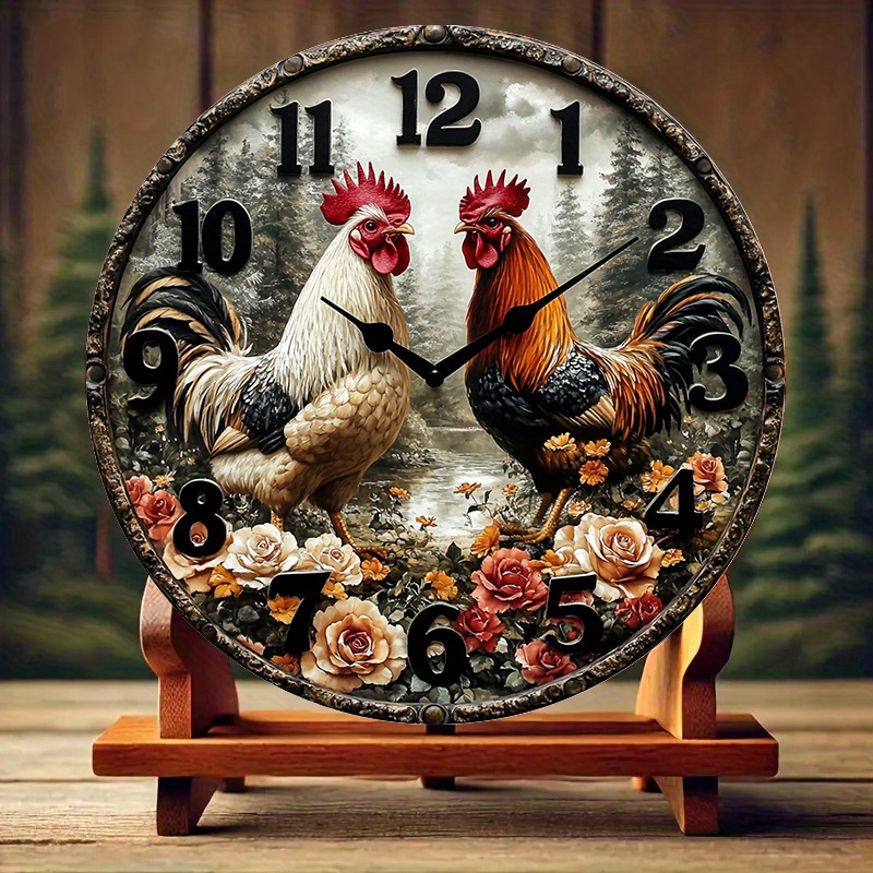 

Rooster & Scene Wall Clock - Rustic Aluminum Decor With Large , For , Wall Clock Living Room