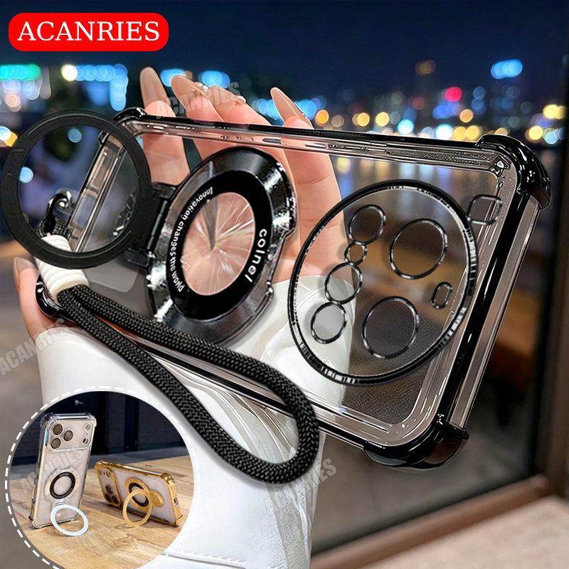 TEMU Phone Case - Acanries Thin Magnetic Stand Holder With Candy Color Wrist Strap Lanyard And Luxury Plating Shockproof Clear Phone Case For Xiaomi