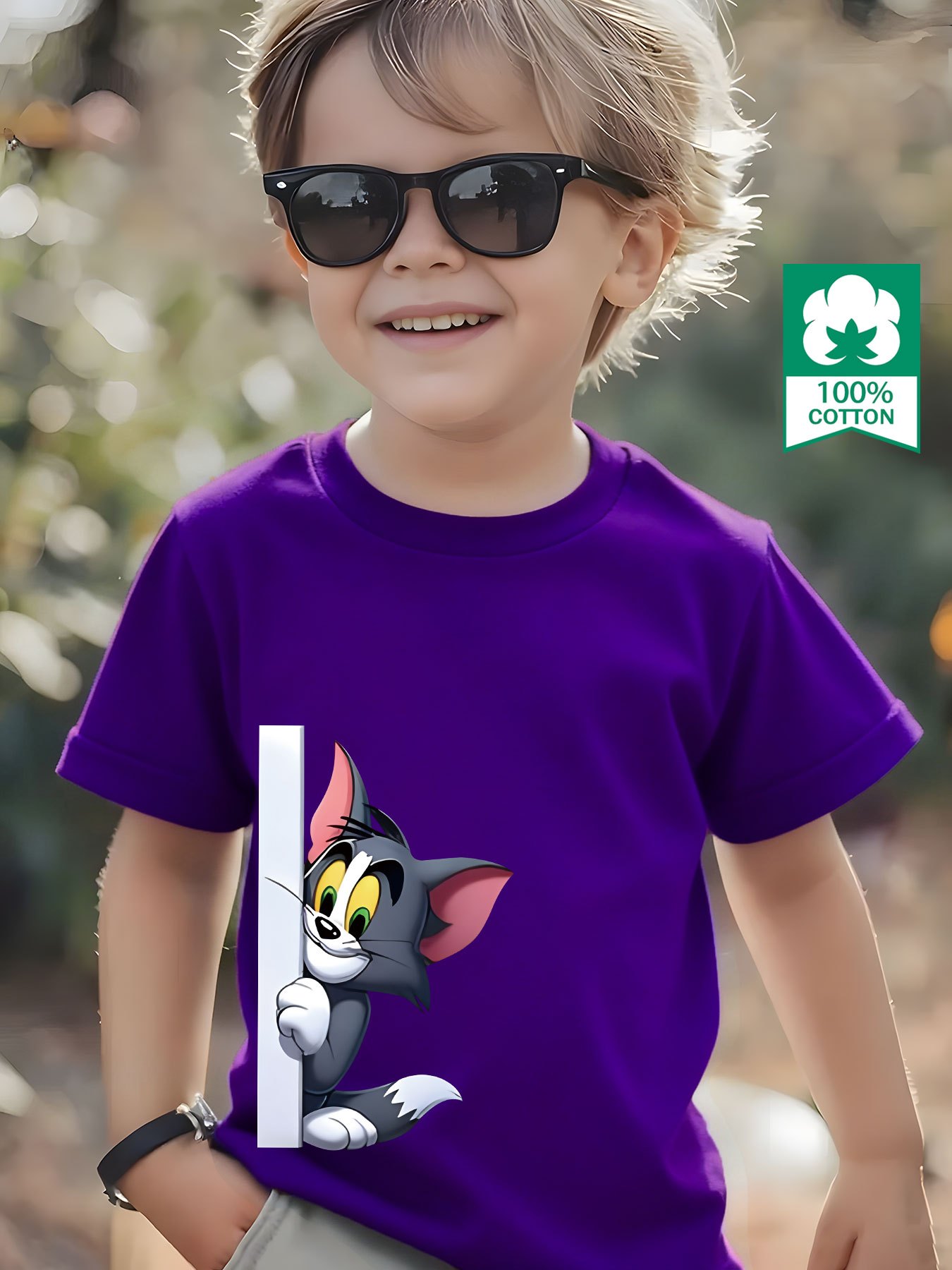 100% Pure Knitted Short-Sleeve T-Shirt, Breathable And Sweat-Absorbing, a Casual And Versatile Round-Neck Short-Sleeve Top for Boys, Featuring a Cute TOM And JERRY Cartoon Print, Machine Washable - Available in 10 Options, Sweat-Resistant