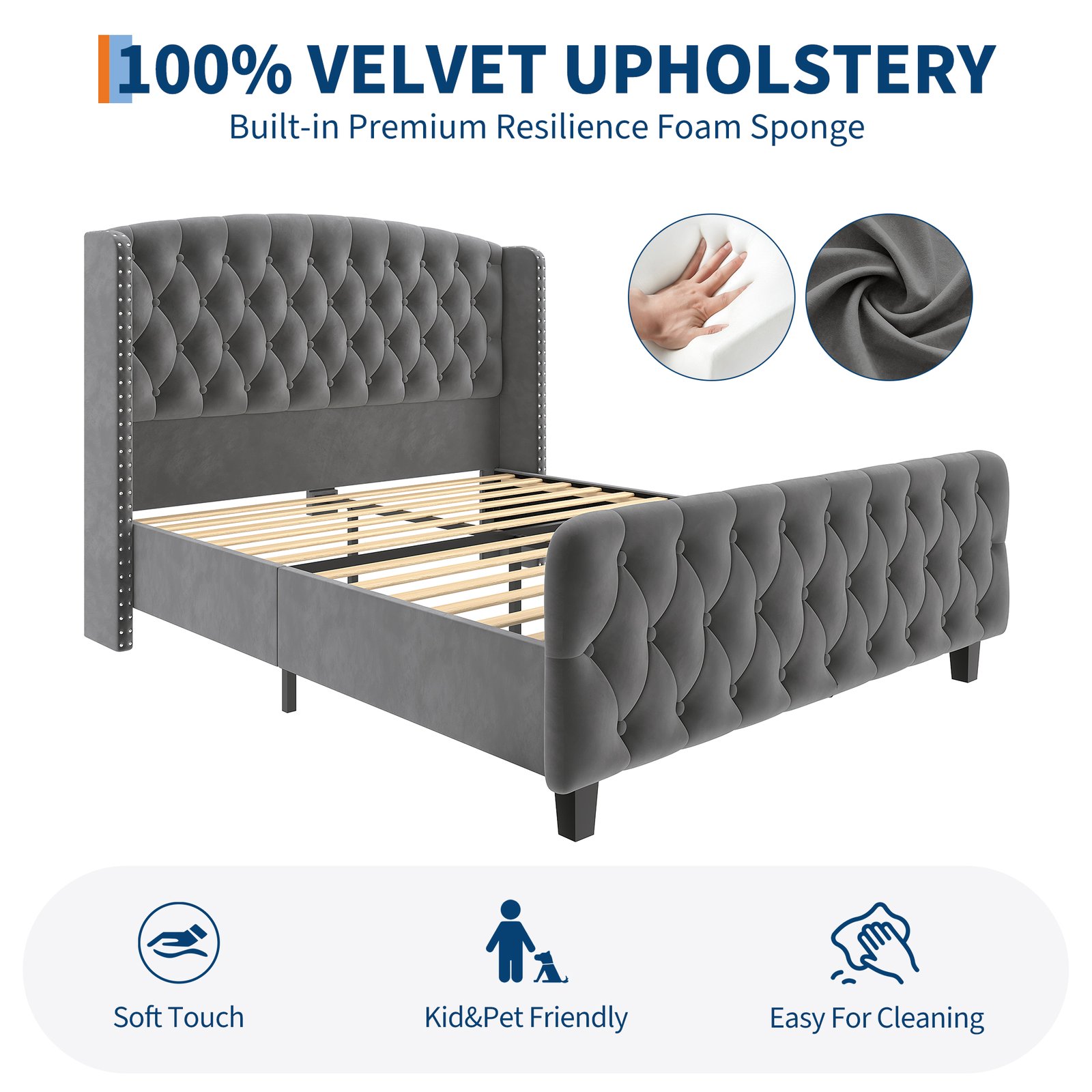 Modern Queen Platform Bed Frame with Wingback Headboard - Cream Beige Suede Upholstery, Deep Button Tufted, Sturdy Slats & Noise-Free Base, No Box Spring Required, Easy Assembly Suitable for Luxury Bedroom Furniture