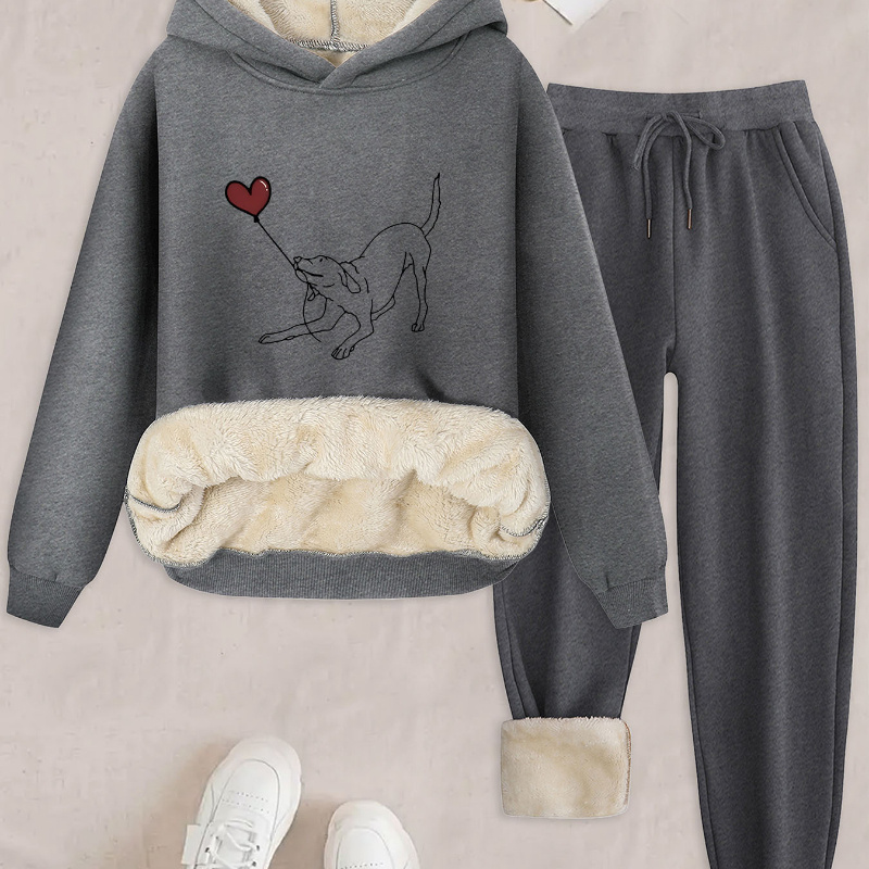 

Casual Women's Outfit With A Hooded Top Featuring A Small Dog Print And Matching Lamb Fleece Pants.