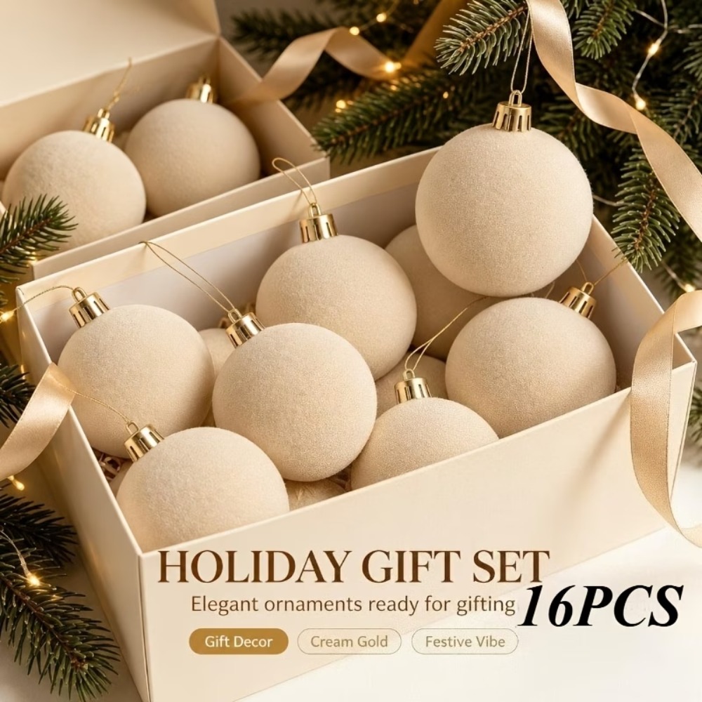 TEMU 16 boules de Noël floquées blanc crème, ornements avec cordons dorés pour la décoration de fête à , fenêtre et vacances