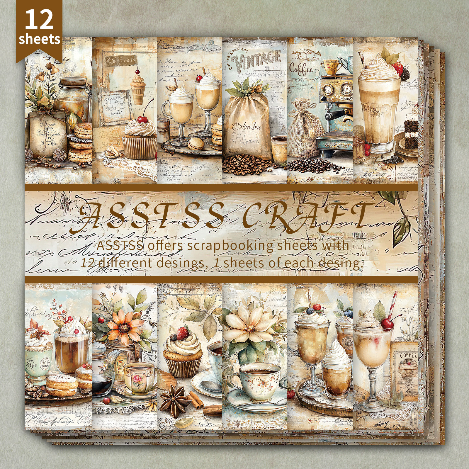 TEMU Lot de 12 feuilles de papier scrapbooking ASSTSS de pouces, papier de base style lettres vieilles en style café vintage et dessert, papier