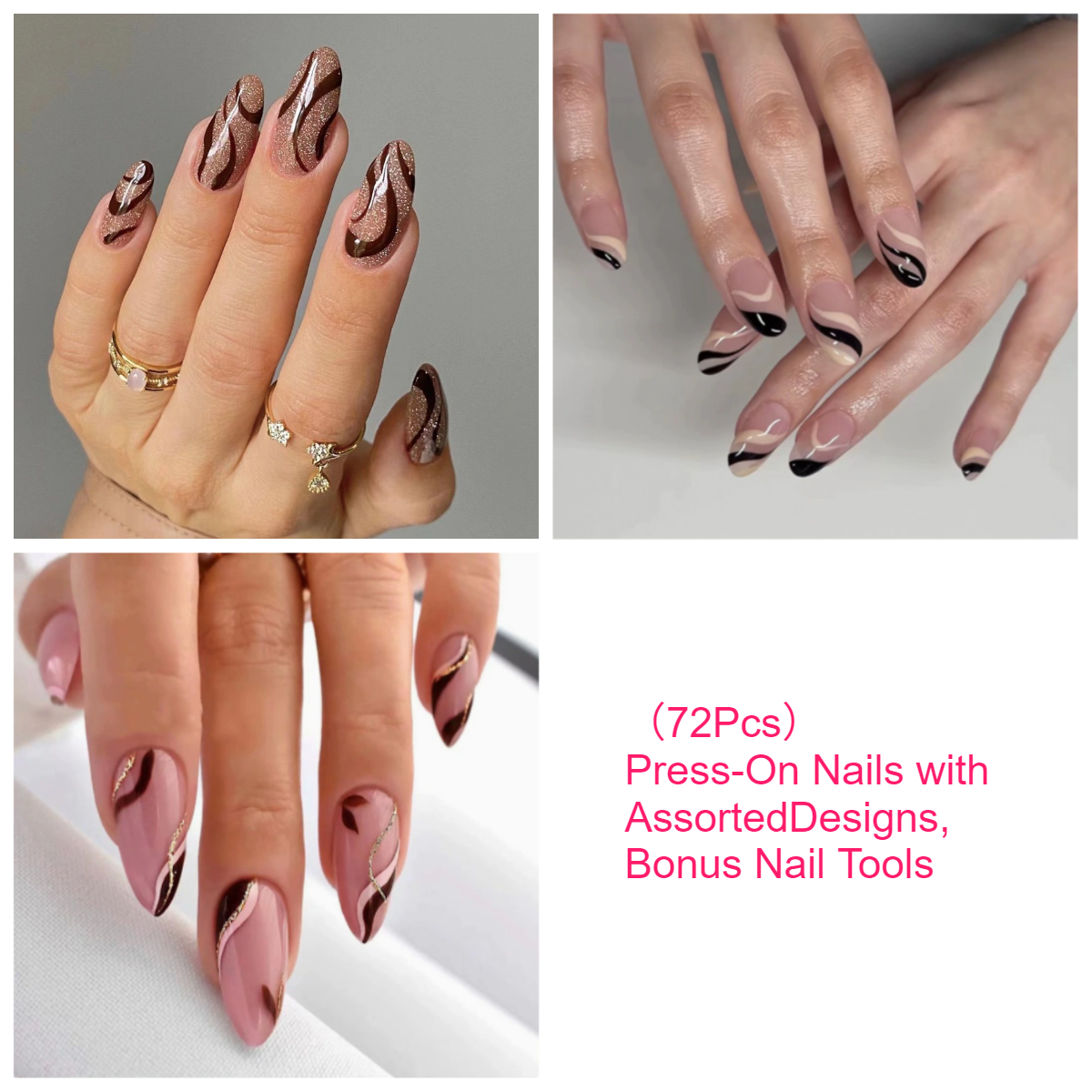 Image of 72pcs Medium Almond Press-on Nails, With Color Block And Golden Glitter, Elegant Daily Wear Reusable False Nail Tips