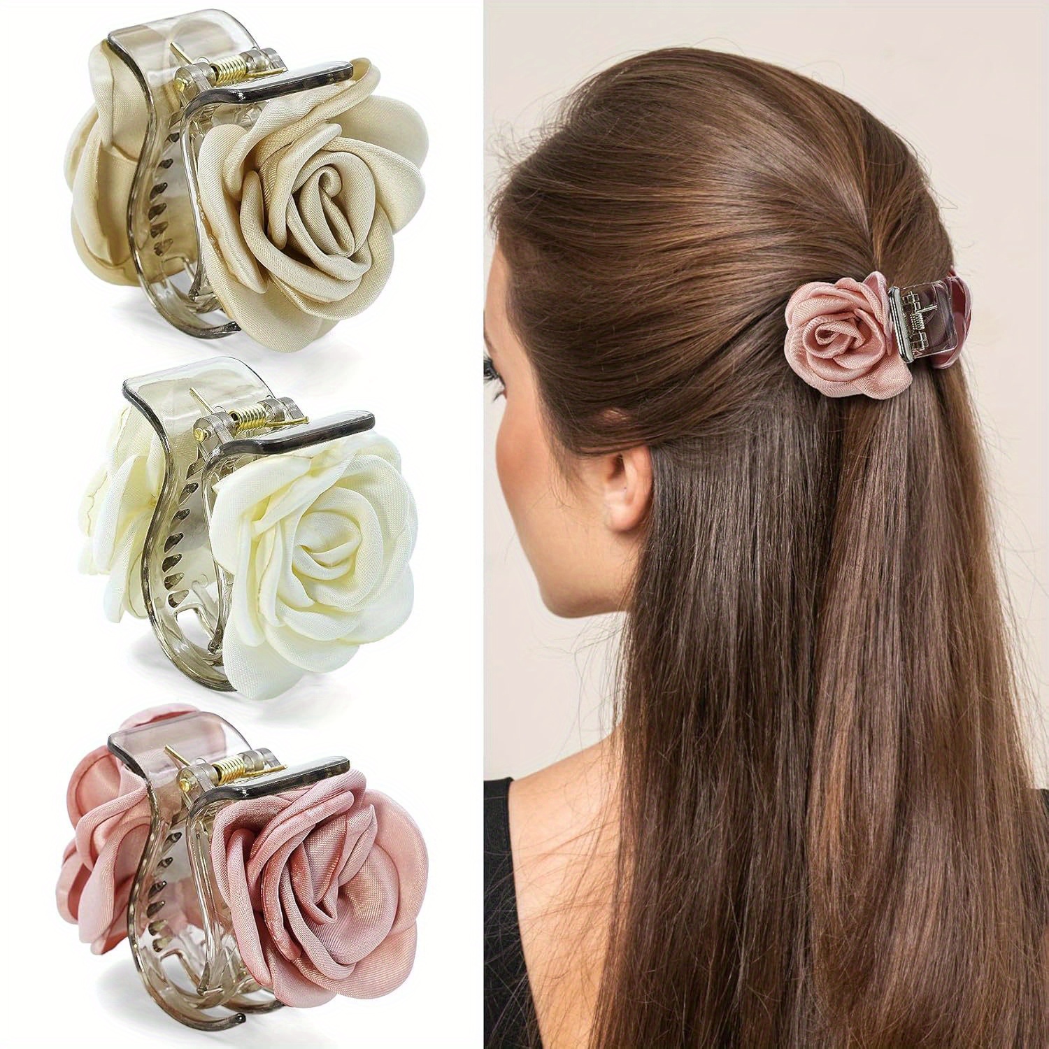 

3pcs Elegant Hair Claw Clips, Medium Size Fabric Floral Hair Accessories For Women, Fashionable Design For , Parties, Valentine's Day