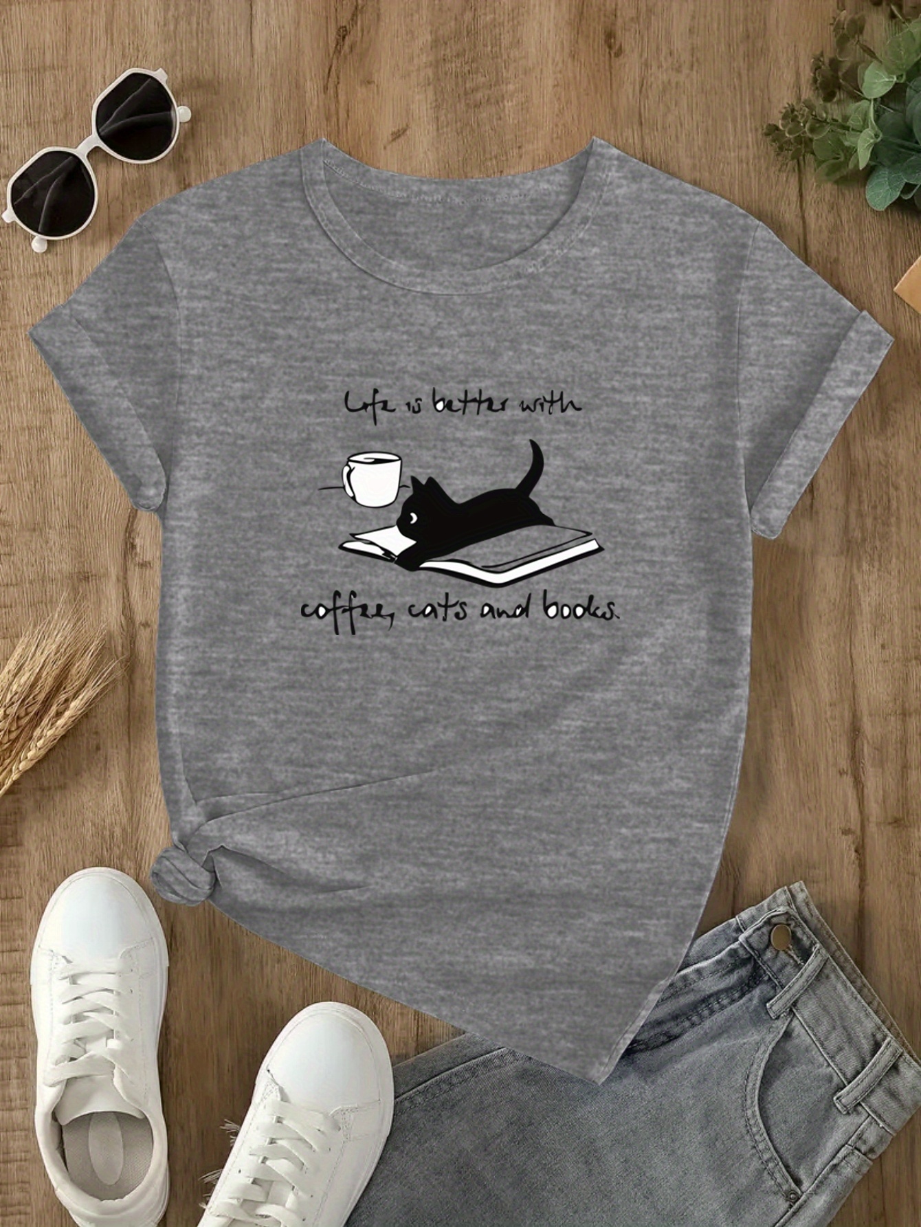 camiseta casual manga corta mujer estampado divertido gato Temu