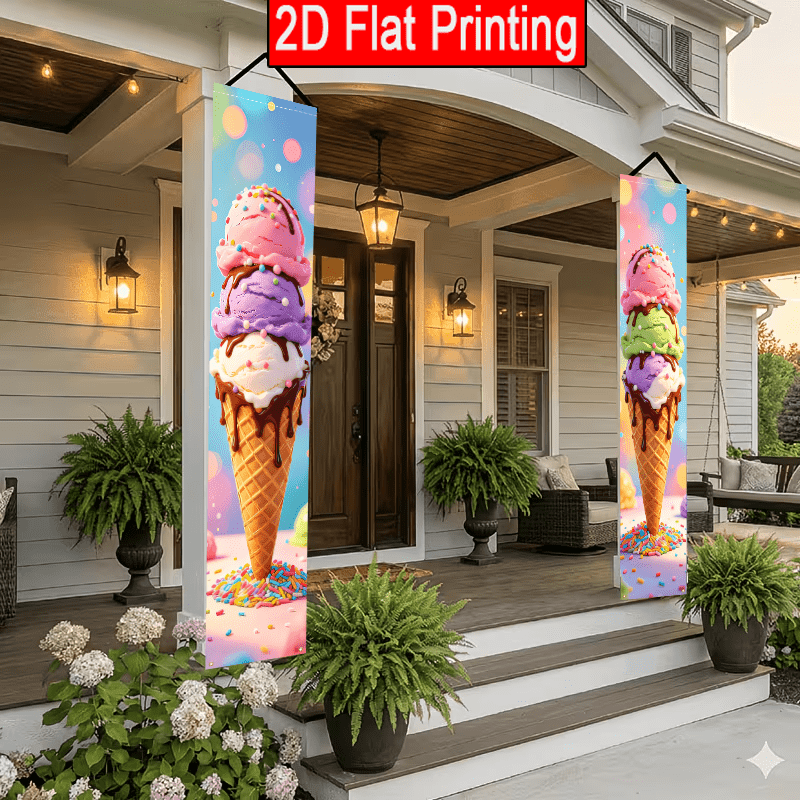 TEMU 2d Flat, 2pcs 2d Flat Theme Porch Horizontal 30 180cm Polyester Door Couplet, Oversized Ice Cream Cone Design, Suitable For Outdoor Courtyard