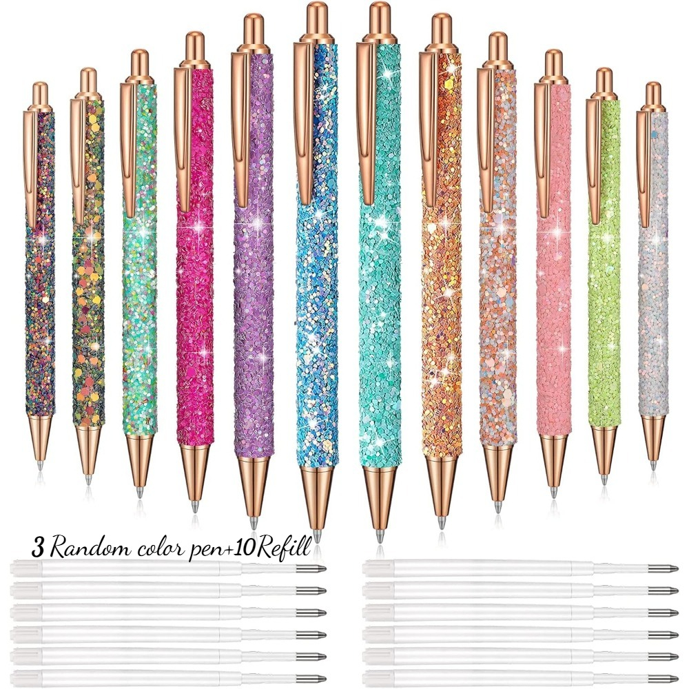 TEMU Ensemble de 13 stylos à bille à paillettes florales étincelantes (3 stylos à bille et 10 recharges) Stylos à bille à paillettes métalliques
