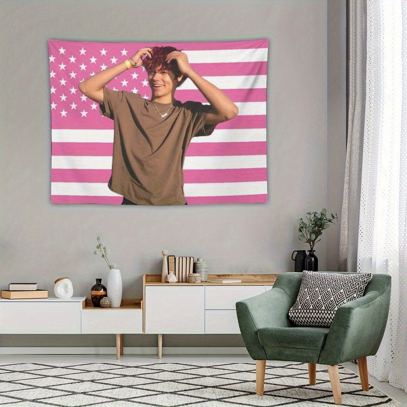2D Flat, 1pc Malachi Barton American Flag Tapestry - Vibrant Pink & Red Stars & Stripes Wall Hanging, Horizontal Large Face Design with Malachi Barton Portrait, Soft Peach Light Beige Fabric Texture for College Dorm, Living Room, Bedroom, Kitchen Decor - No Electricity Needed, Easy Peel & Stick Installation (Adhesive Strips Included) - Modern Minimalist American Pride Wall Art, Home Decoration, Highquality Print, Patriotic Decorators