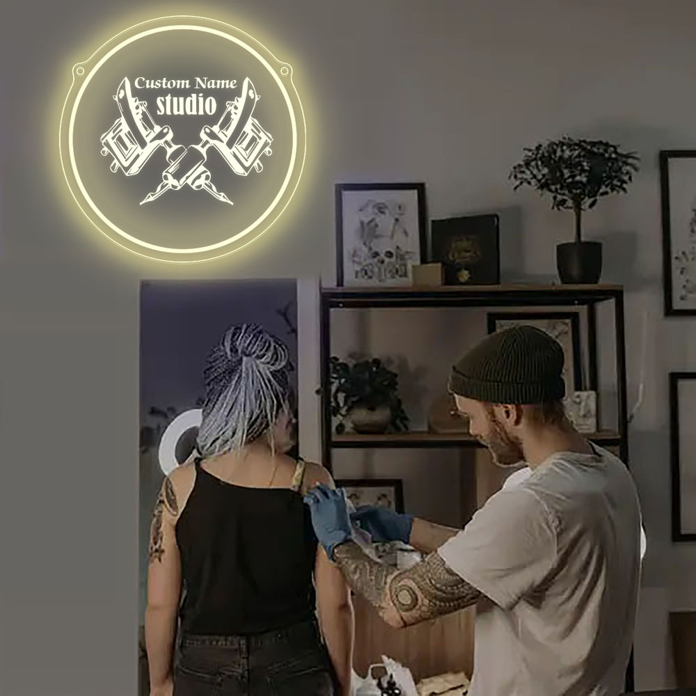 1pc Custom Name Neon Sign - Round Shape Tattoo Design, USB-Powered Acrylic Wall Decor for Business Stores, Parties, and Housewarming Gifts, Personalized Studio Name Display, Polished Finish, Easy Wall Mount, Neon Signs for Wall Decor